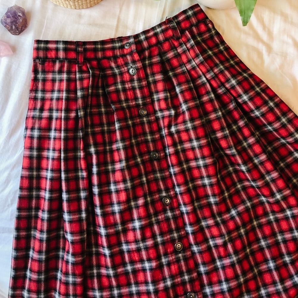 Vintage Button Down Plaid Midi Skirt with Pockets
